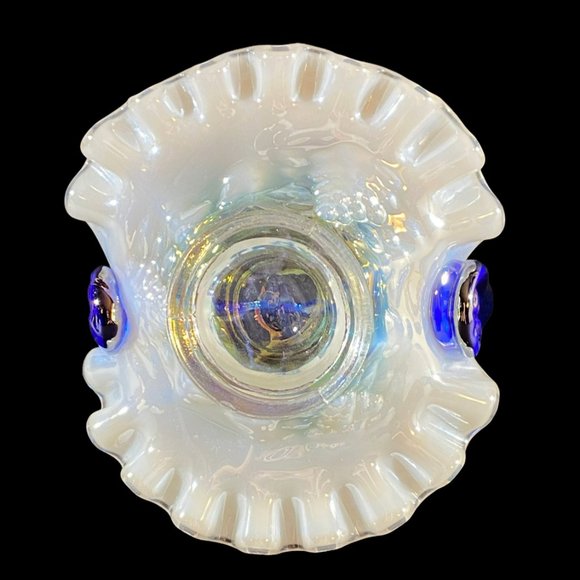 Vintage Fenton Mini Basket Grape & Vine Ruffled Opalescent w/Iridescent Handle - Picture 10 of 14